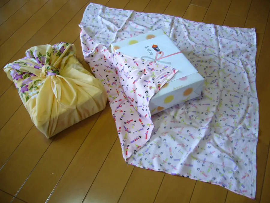 Boxes wrapped in furoshiki cloth in Katori, Japan — the appropriate thanks for a private guide, not cash