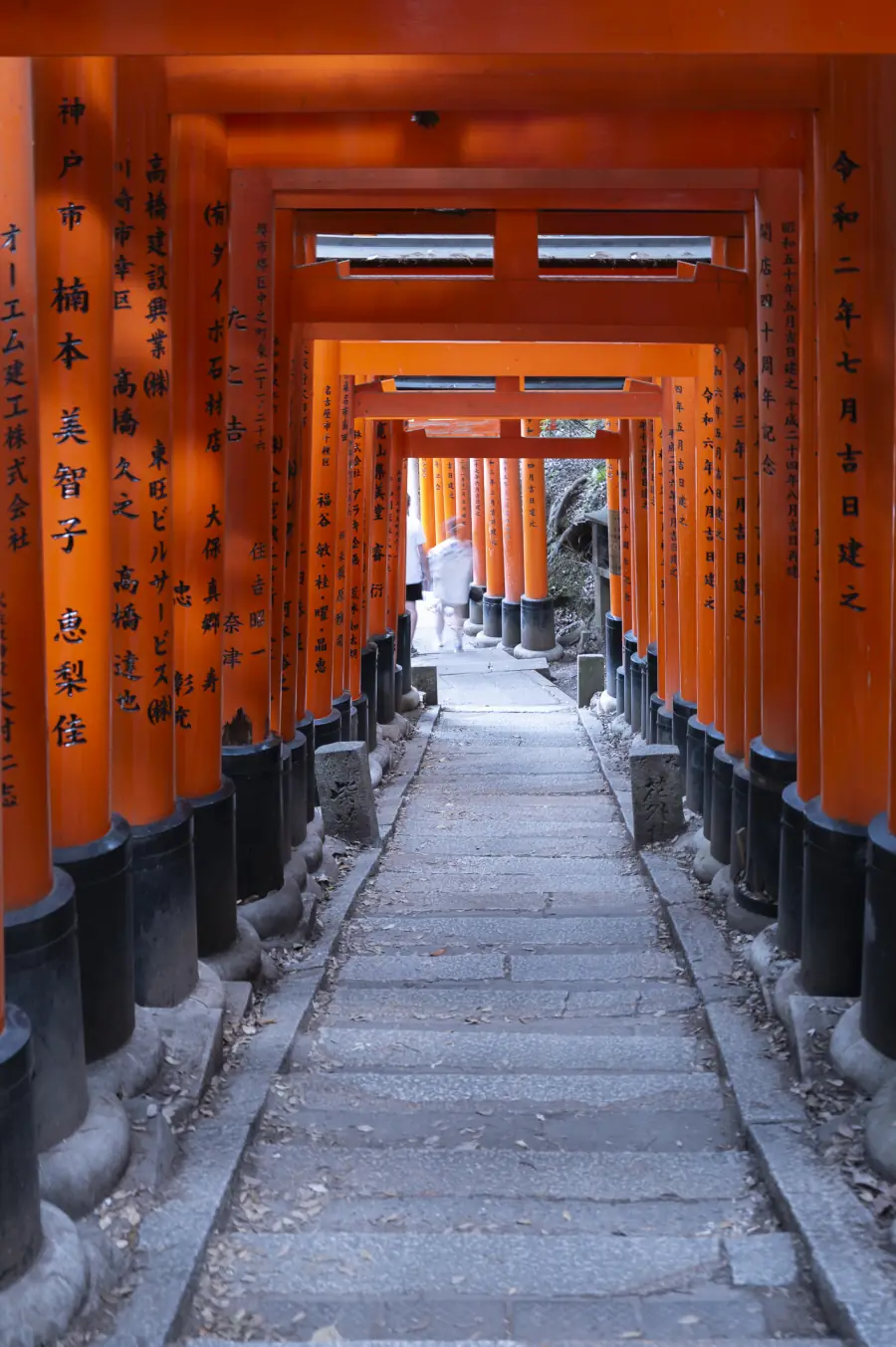 Path of vermilion torii gates climbing through Fushimi Inari shrine in Kyoto