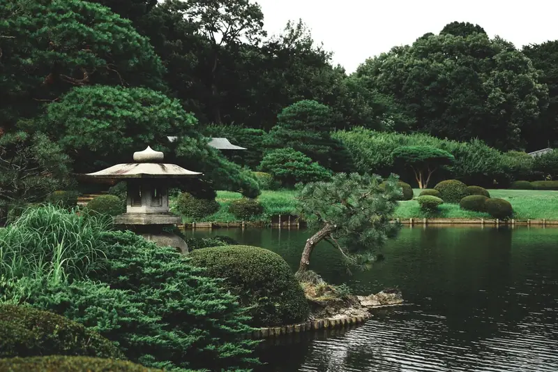 Traditional Japanese garden with stone lantern and pine tree over a pond — planning the perfect luxury trip to Japan