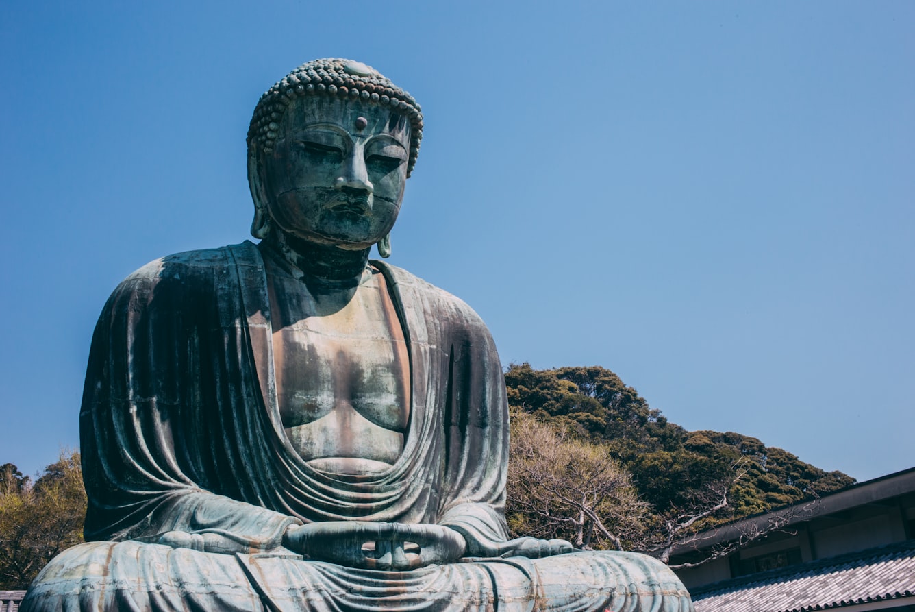 The Great Buddha of Kamakura seated in the open air at Kotoku-in temple