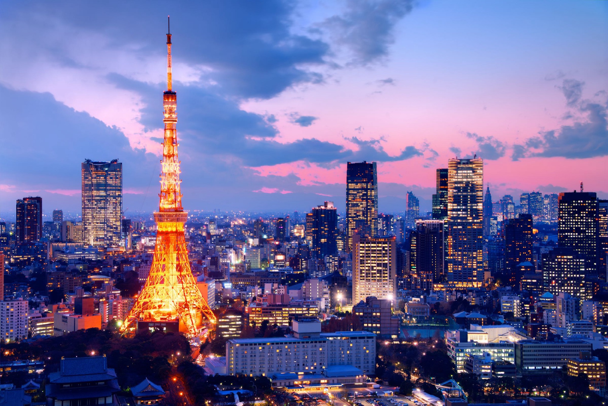Panoramic view of Tokyo skyline with traditional temples and modern skyscrapers