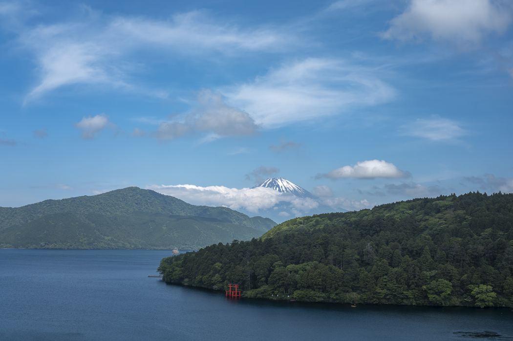 Red torii gate on Lake Ashi with Mount Fuji rising behind, Hakone